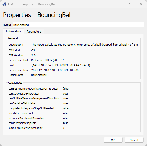 OMEdit BouncingBall Properties